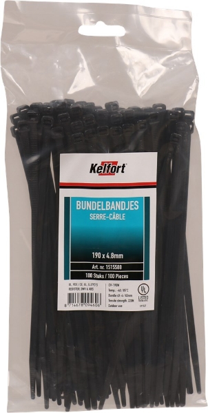Afbeeldingen van Kelfort kabelbinder 190x4.8mm zwart 100/stuks