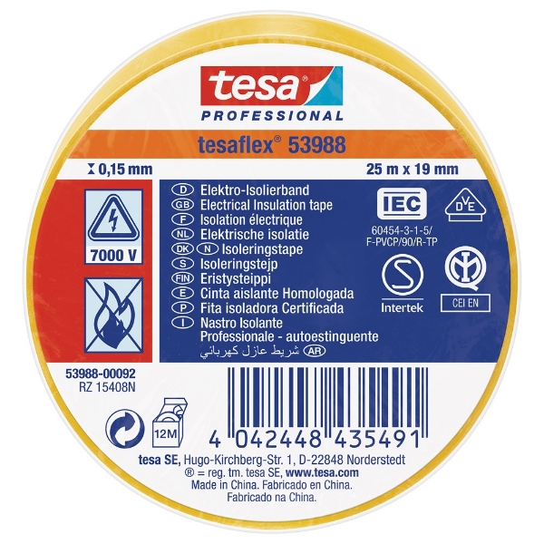 Afbeeldingen van Tesa 53988 isolatietape geel 25m, 19mm