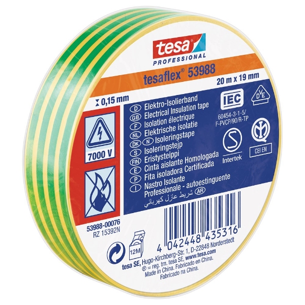 Afbeeldingen van Tesa 53988 isolatietape geel/groen 20m, 19mm